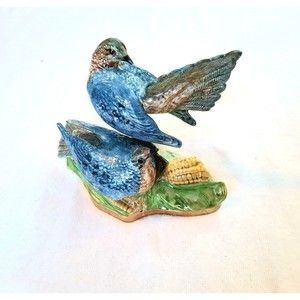 Pair of Blue Birds Pottery Iridescent Double Blue Bird Figure on Corn 8.5"